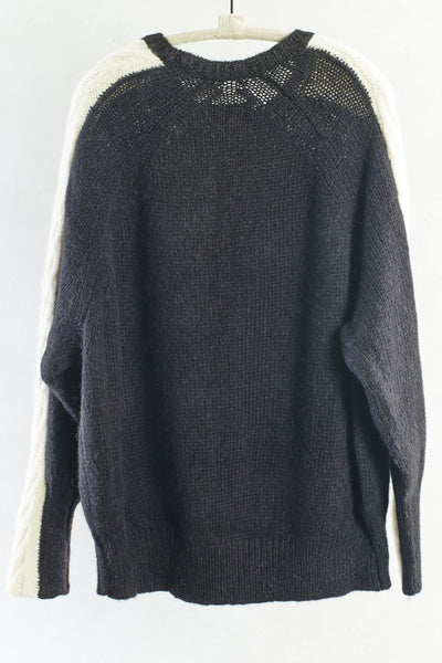 Black and White Raglan Cable Sleeves Sweater