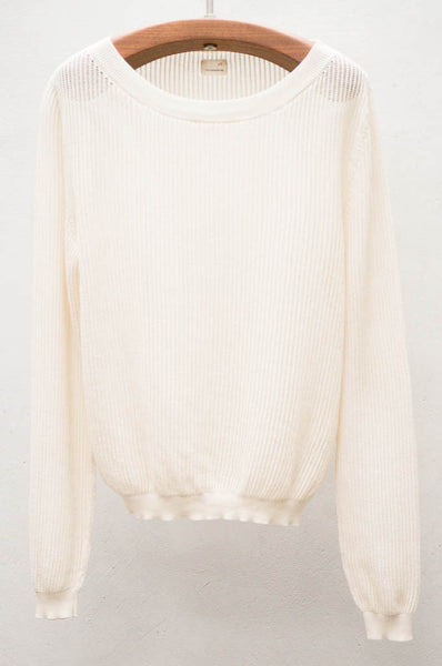 Cream Ribbed Crew Pullover