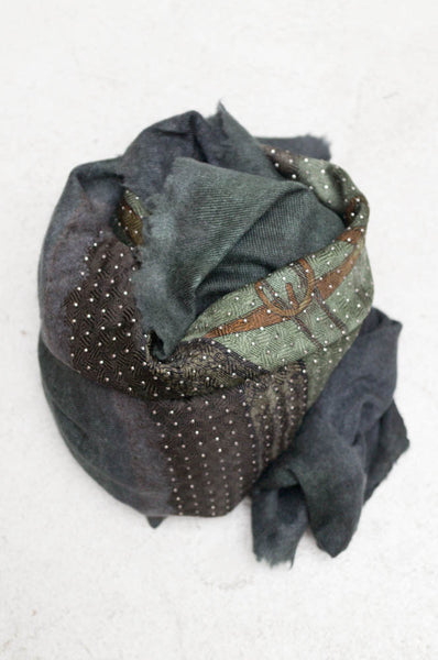 Dark Green Equestrian Vintage Scarf with Metal Studs