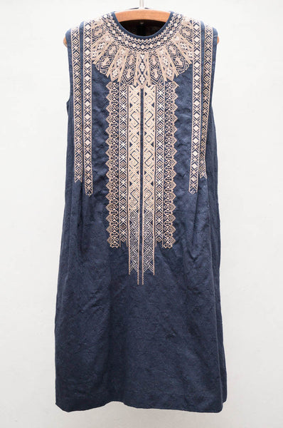 Navy Embroidered Jacquard Dress