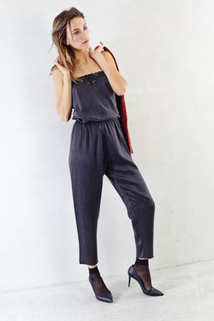 Black Theo Long Silk Romper