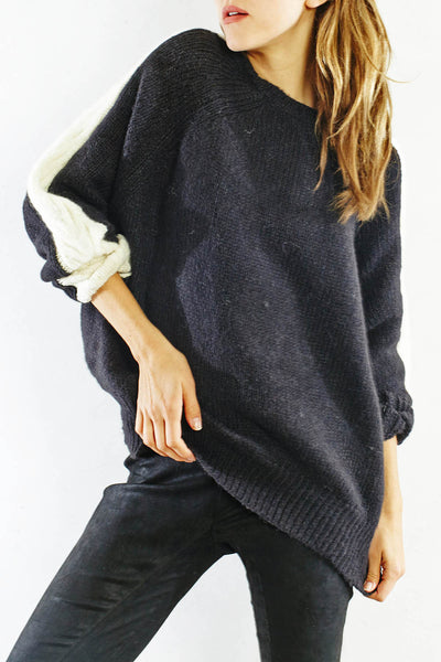 Black and White Raglan Cable Sleeves Sweater