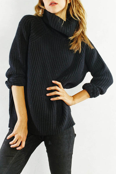 Black Cashmere Raglan Oversized Turtleneck