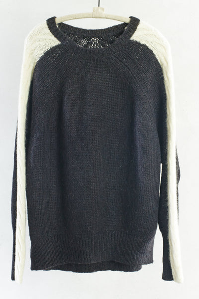 Black and White Raglan Cable Sleeves Sweater